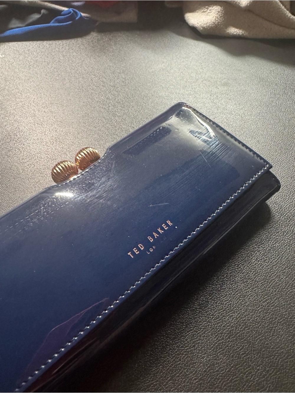 Ted Baker Navy Patent Leather Clutch with Gold-Tone Kiss Lock